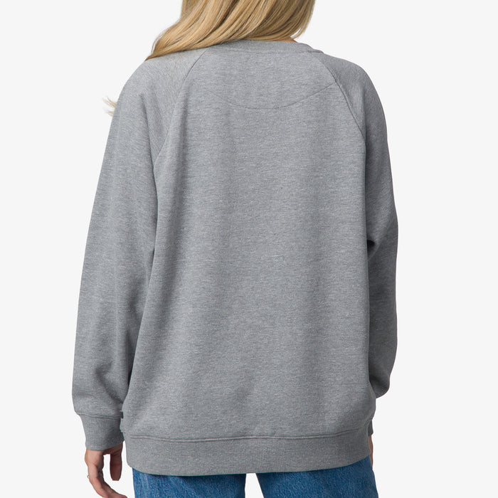 Back view of women's Oversized Raglan Fleece in heather grey, soft and comfortable beach-inspired apparel