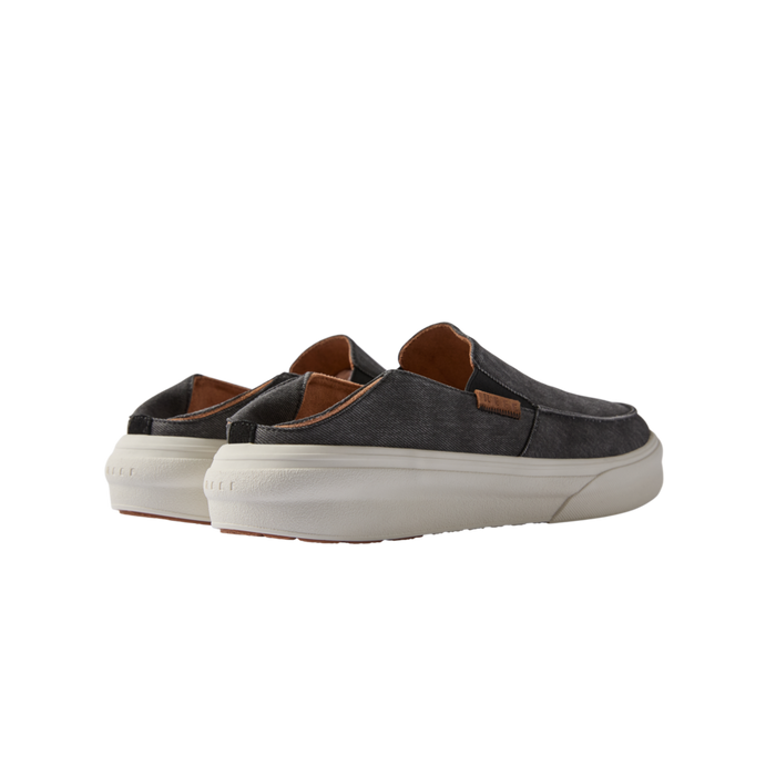 Pacific men's black slip-on shoes facing back right, showcasing cushioned heel and surf-inspired comfortable design.