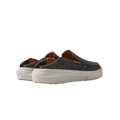 Pacific men's black slip-on shoes facing back right, showcasing cushioned heel and surf-inspired comfortable design.