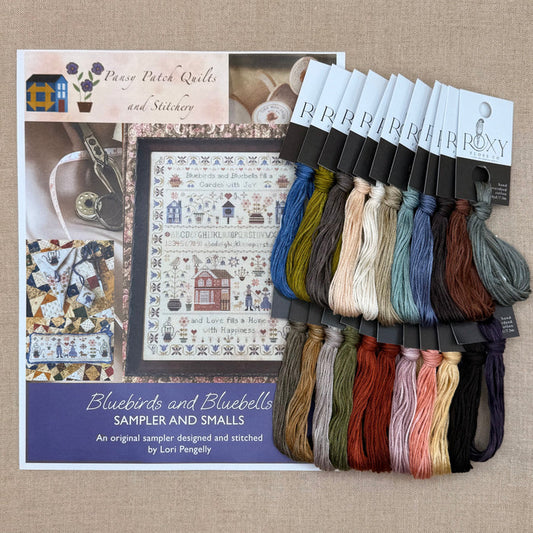 Pansy Patch Quilts and Stitchery - Bluebirds and Bluebells Sampler and Smalls - Cross Stitch Chart and/or Roxy Floss Co Threads