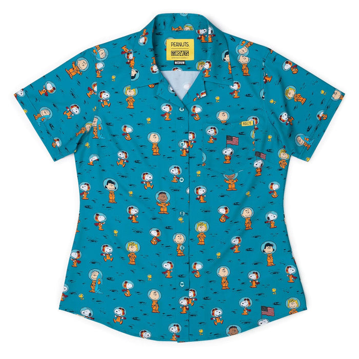 RSVLTS XS Peanuts Women's Short Sleeve Shirt Peanuts "Astro 'Nuts" – Women's KUNUFLEX Short Sleeve Shirt  Peanuts "Astro 'Nuts" – Women's KUNUFLEX Short Sleeve Shirt