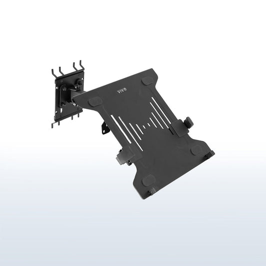 Pegboard mounted laptop tray with articulating arm. Featuring adjustable holder clamps and tray ventilation.