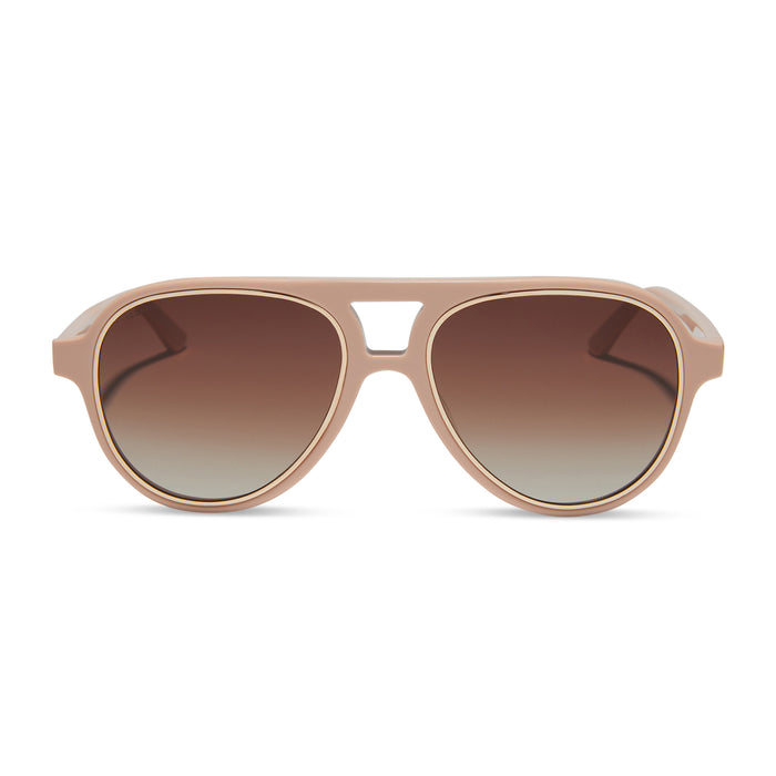 iconica x diff eyewear pia oversized aviator sunglasses with a nude acetate frame and brown gradient polarized lenses front view