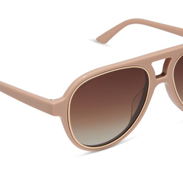 iconica x diff eyewear pia oversized aviator sunglasses with a nude acetate frame and brown gradient polarized lenses detailed view