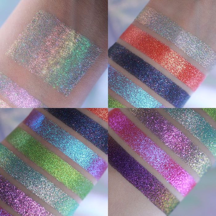 Collage of swatches from the Pick your Potion Palette on pale skin.