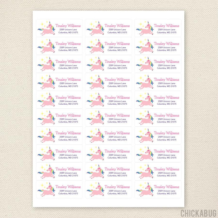 Pink & Rainbow Unicorn Address Labels