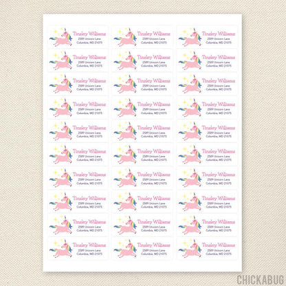 Pink & Rainbow Unicorn Address Labels