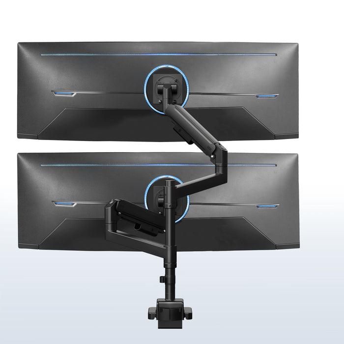 A dual monitor desk mount with pneumatic arms.