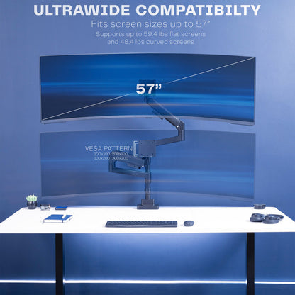 A dual monitor desk mount with pneumatic arms.