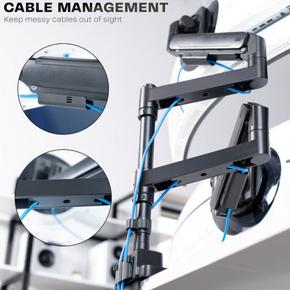 A dual monitor desk mount with pneumatic arms.
