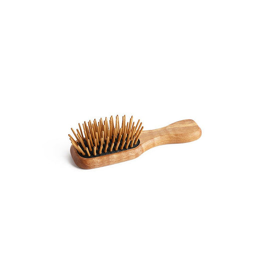 Small wooden hairbrush with wooden pins on white background