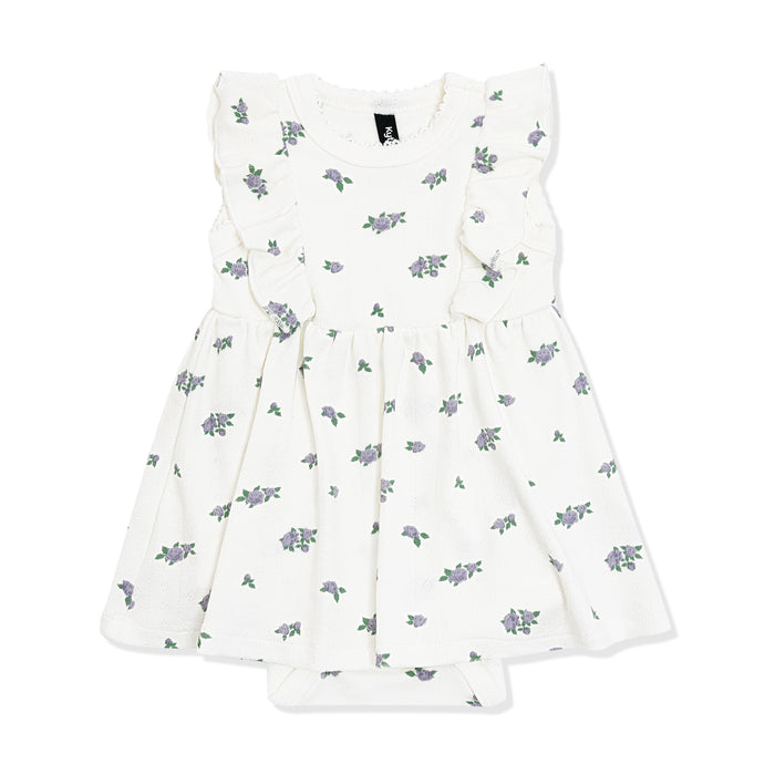 Pointelle Bodysuit Dress in Spray Rose showing the picot trim on a white surface