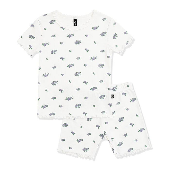 Pointelle Short Sleeve Set in Spray Rose showing the picot neck trim and lettuce arm and leg edges
