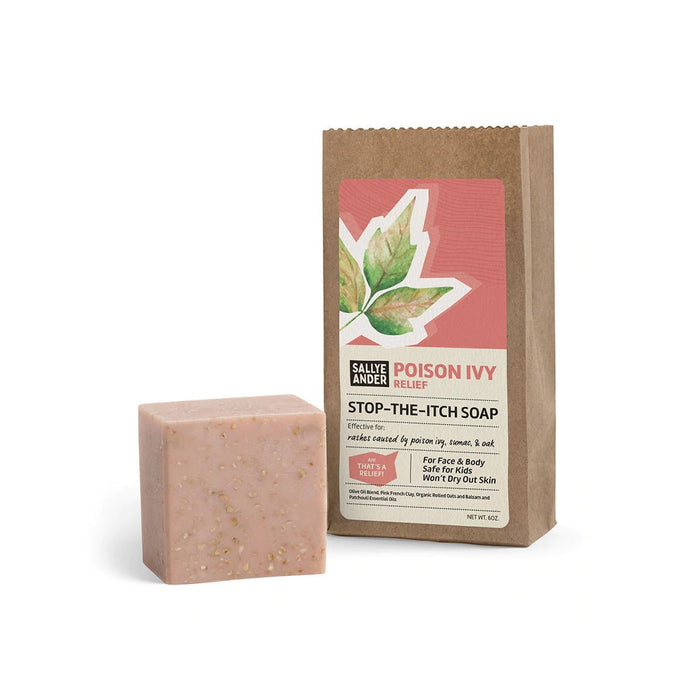 Bar of SallyeAnder poison ivy stop the itch soap on white background next to packaging