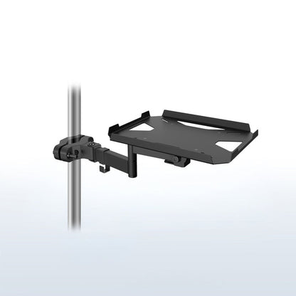 A black pole mount shelf with an articulating arm designed to attach to a pole.
