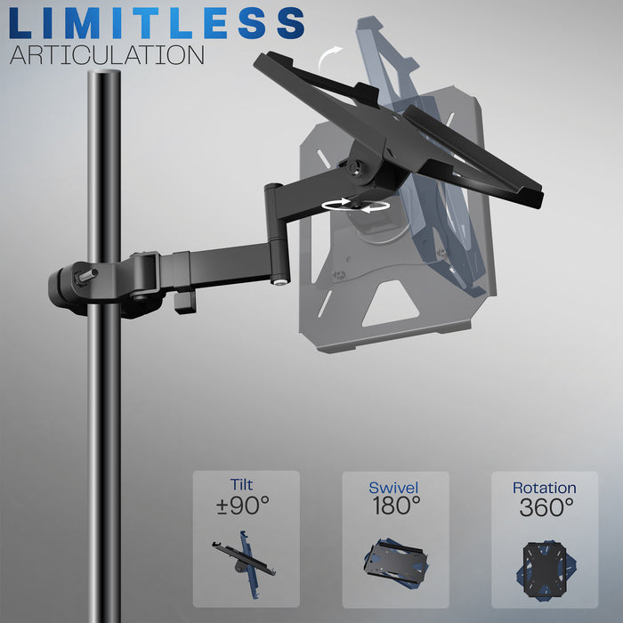 A black pole mount shelf with an articulating arm designed to attach to a pole.