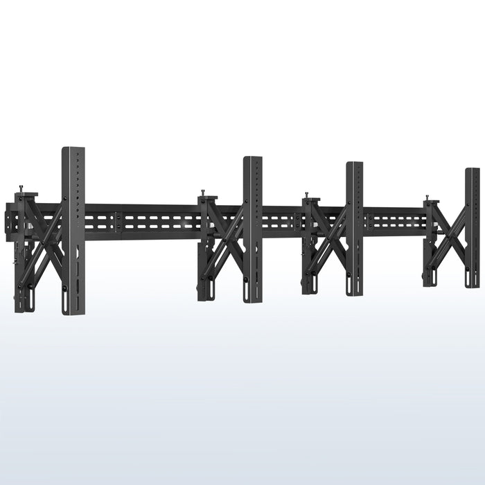 A black TV wall mount designed to hold multiple TVs in a 1x2 arrangement.