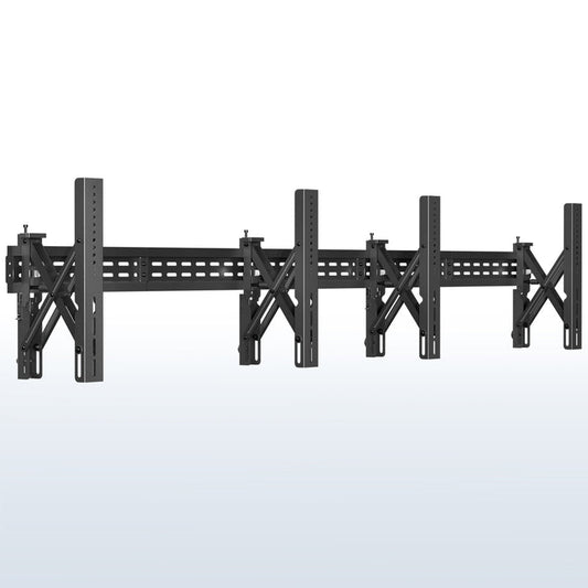 A black TV wall mount designed to hold multiple TVs in a 1x2 arrangement.