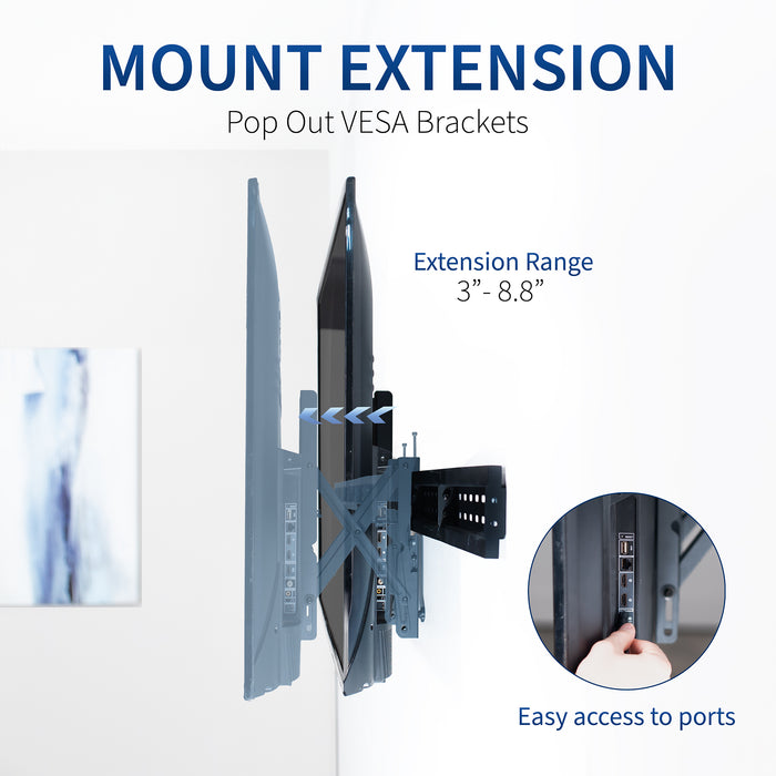 A black TV wall mount with text displaying extension capability.