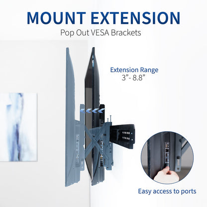 A black TV wall mount with text displaying extension capability.