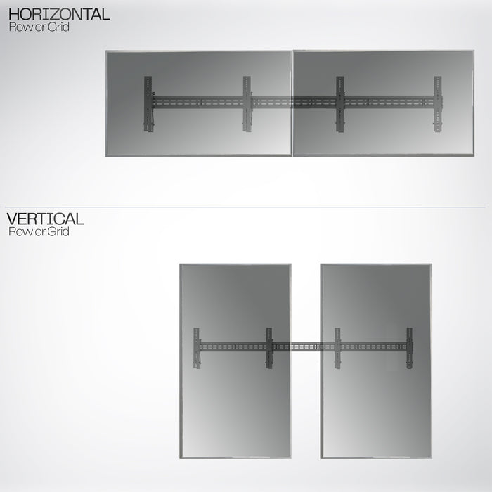 A black TV wall mount designed to hold multiple TVs horizontally and vertically.