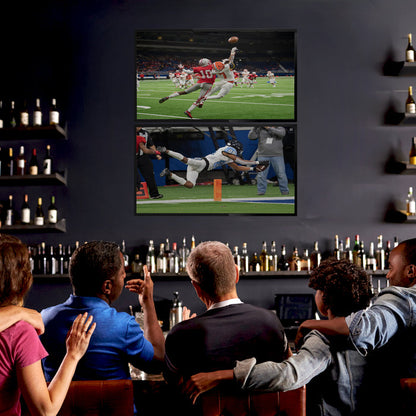 A black TV wall mount holding 2 TVs in a bar scene.