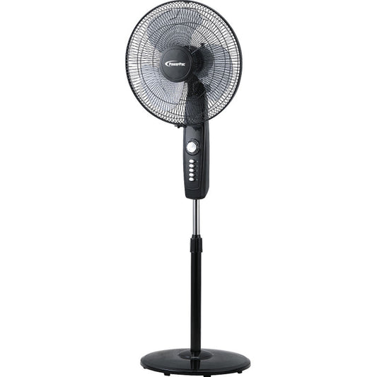 PowerPac 16" Stand Fan – Strong Airflow, Adjustable Tilt & Height, Oscillation, Timer, Durable, Energy-efficient, 4-Speed, black, PPFS30