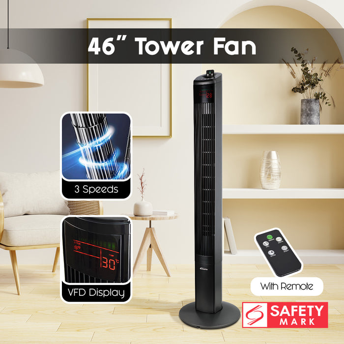 PowerPac 46" Tower Fan – Remote Control, Oscillation, Timer, 3 Modes, Digital display, Portable, Energy-efficient, 3-Speed, grey, PPTF460