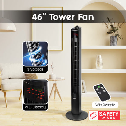 PowerPac 46" Tower Fan – Remote Control, Oscillation, Timer, 3 Modes, Digital display, Portable, Energy-efficient, 3-Speed, grey, PPTF460