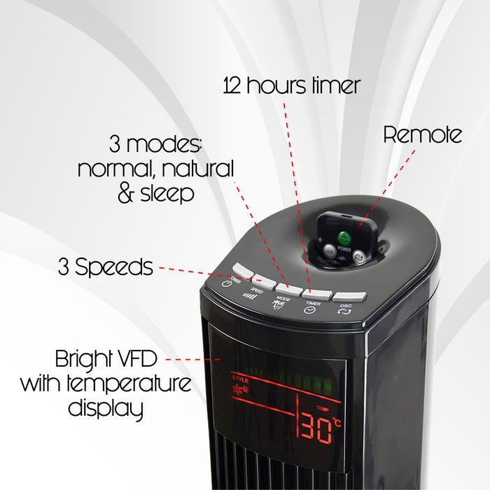 PowerPac 46" Tower Fan – Remote Control, Oscillation, Timer, 3 Modes, Digital display, Portable, Energy-efficient, 3-Speed, grey, PPTF460