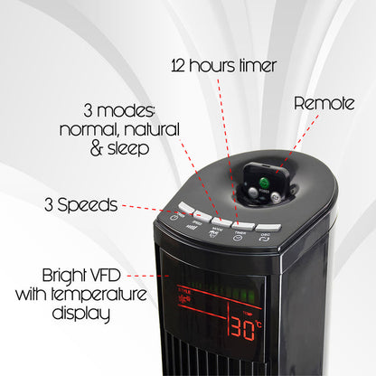 PowerPac 46" Tower Fan – Remote Control, Oscillation, Timer, 3 Modes, Digital display, Portable, Energy-efficient, 3-Speed, grey, PPTF460