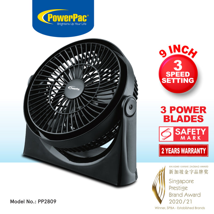 PowerPac 9" Air Circulator Fan – High Velocity, Powerful Airflow, Adjustable Tilt, Thermal Fuse Protection, 3-Speed, black, PP2809