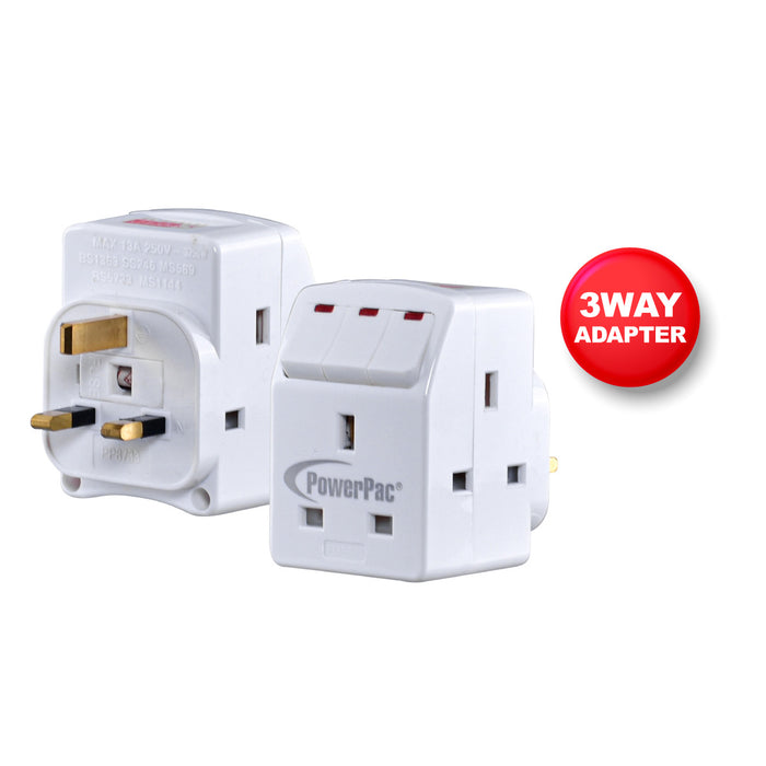 PowerPac Adapter with 3-Pin Plug – 3-Way 3-Pin Sockets with Individual Switches, Neon LED, PP8733