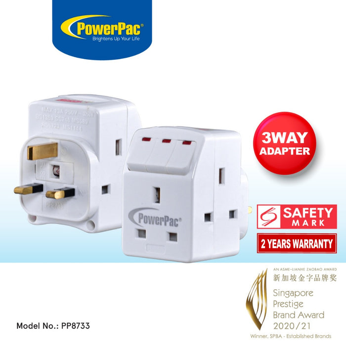 PowerPac Adapter with 3-Pin Plug – 3-Way 3-Pin Sockets with Individual Switches, Neon LED, PP8733