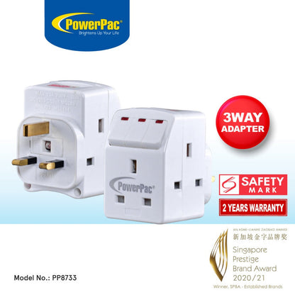 PowerPac Adapter with 3-Pin Plug – 3-Way 3-Pin Sockets with Individual Switches, Neon LED, PP8733