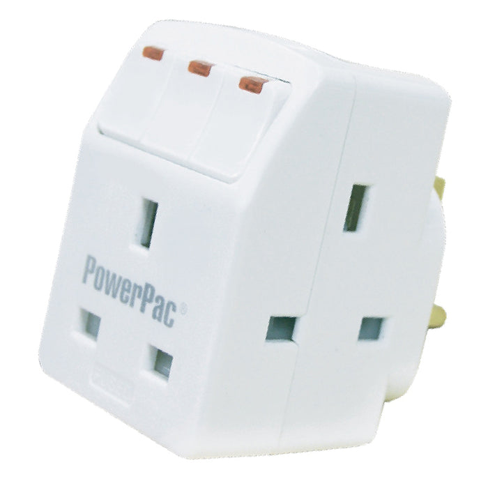 PowerPac Adapter with 3-Pin Plug – 3-Way 3-Pin Sockets with Individual Switches, Neon LED, PP8733