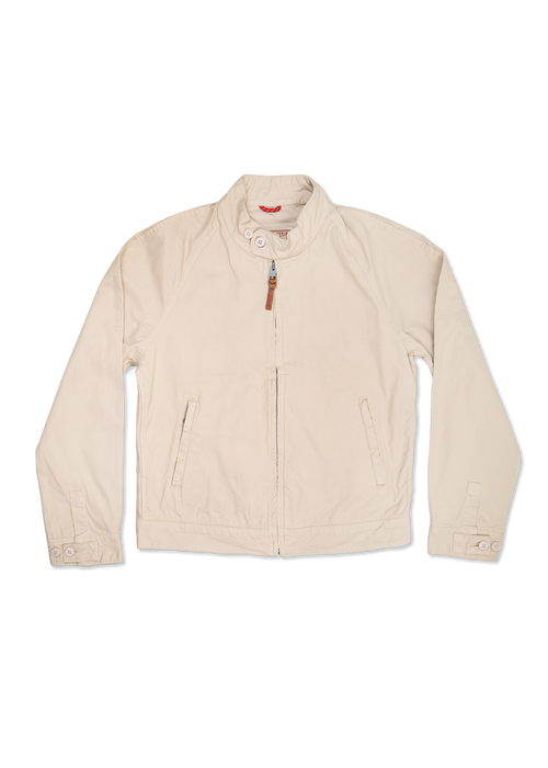 Beige jacket with a high collar, button details, and front pockets, displayed on a black background, showcasing casual style.