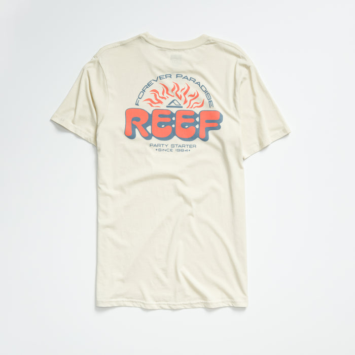Quinn Tee in almond milk color showing back with REEF logo, sun graphic, and "Forever Paradise" text, men’s apparel.