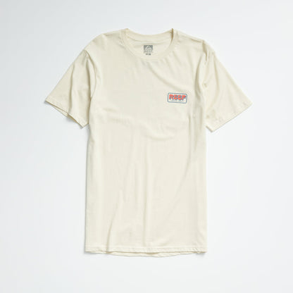 Quinn Tee in almond milk color, laid flat showing front with small REEF logo on chest, lightweight comfort apparel.