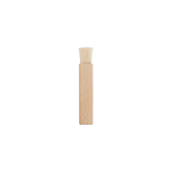 Smalll wooden brush for razors with light bristles on white background