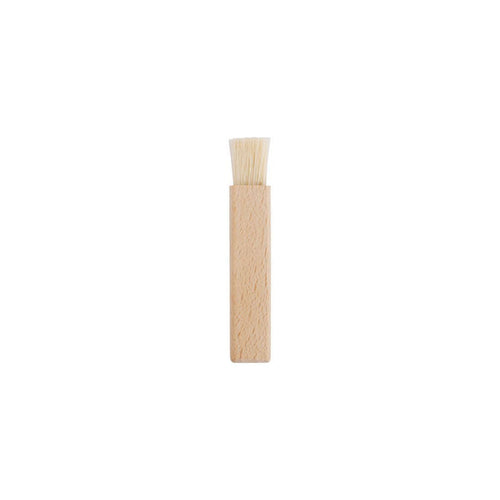Smalll wooden brush for razors with light bristles on white background