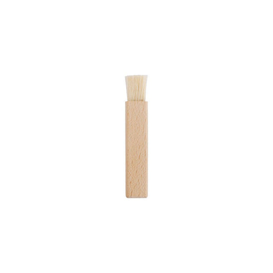 Smalll wooden brush for razors with light bristles on white background