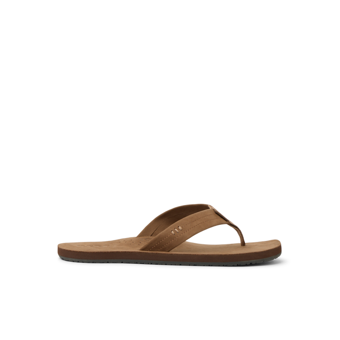 Reef Draftsmen brown men's sandal facing left with soft-rebound cushioning and anatomical arch support for beach comfort.