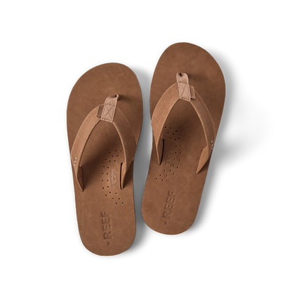 Top view of brown Reef Draftsmen men's sandals featuring soft-rebound cushioning and anatomical arch support designed for all-day comfort.