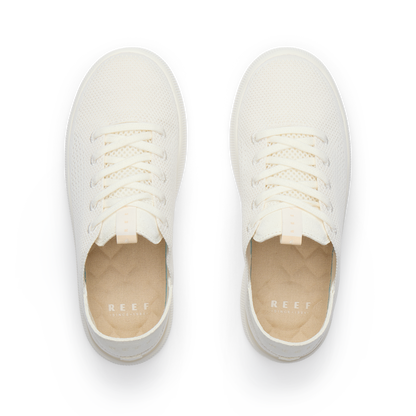 Reef Neptune women's cream knit sneakers top view facing up, featuring soft cushioning and arch support, beach inspired comfort.