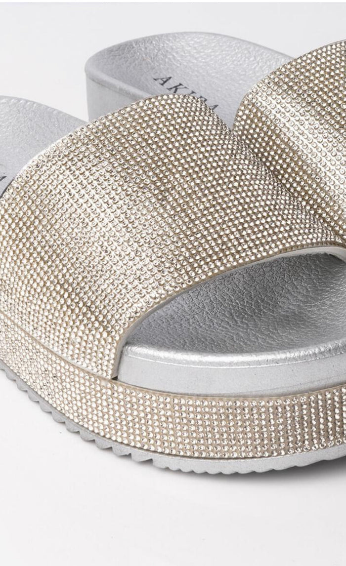 Rhinestone Platform Slide Sandals Silver