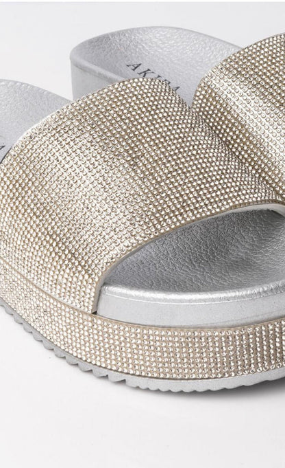 Rhinestone Platform Slide Sandals Silver