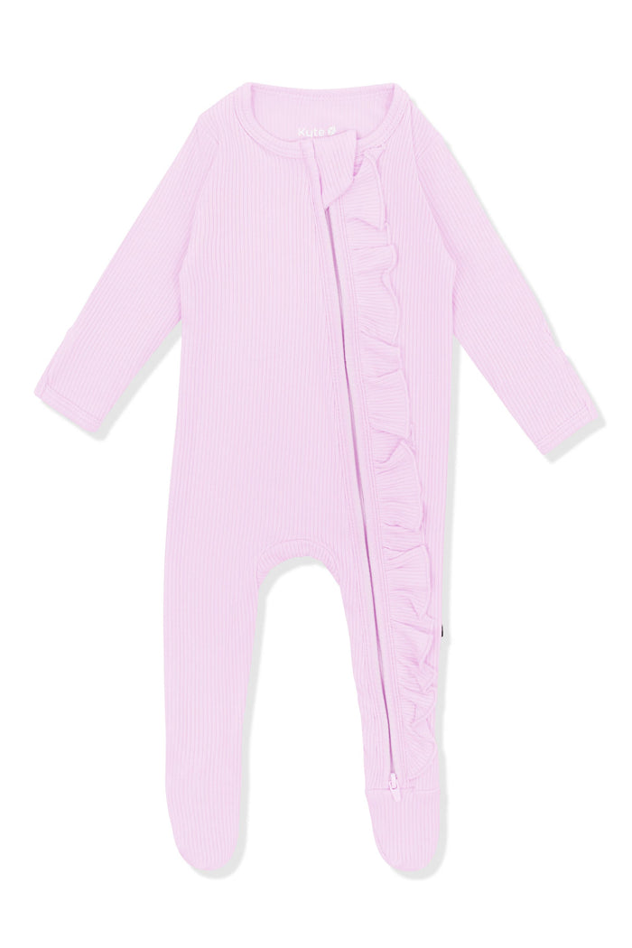 Product photo of the Ribbed Ruffle Zipper Footie in Thistle on a white surface