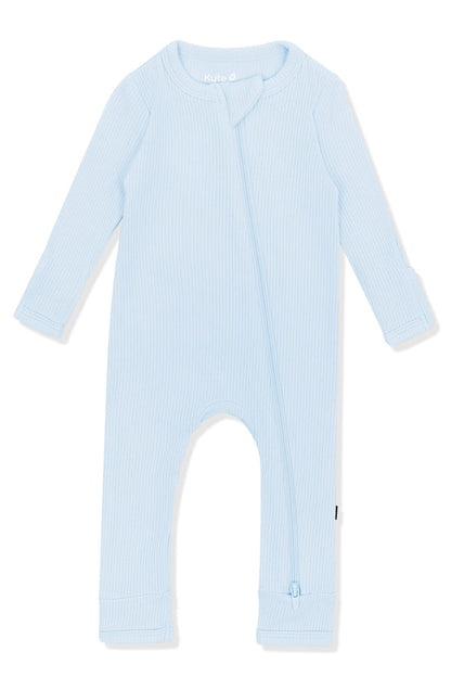 Product photo of the Ribbed Zipper Romper in Breeze on a white background