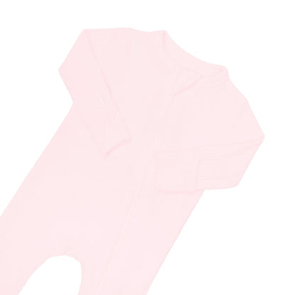 Fold over cuffs on Kyte Baby Ribbed Zippered Romper in Sakura